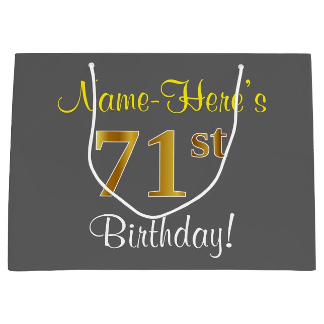 Elegant, Gray, Faux Gold 71st Birthday + Name Large Gift Bag (Front)