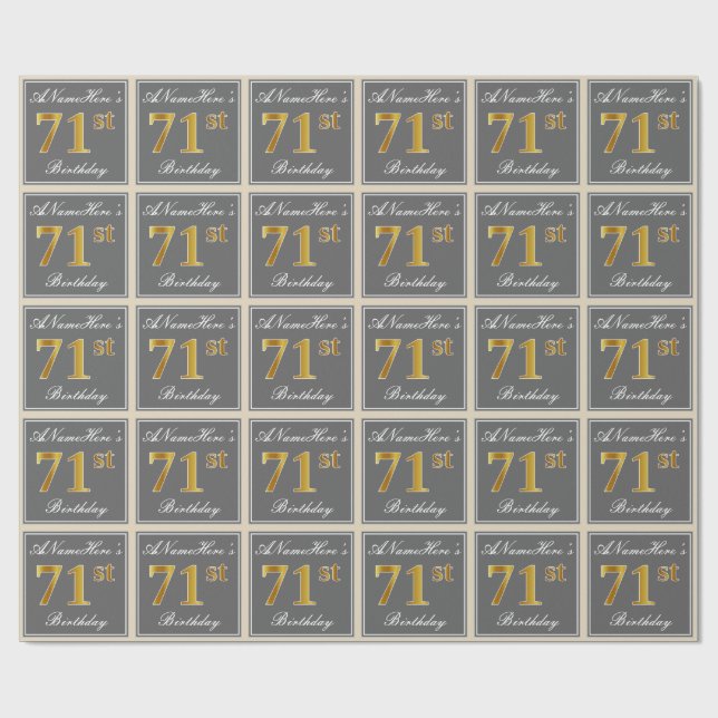 Elegant, Gray, Faux Gold 71st Birthday + Name Wrapping Paper (Flat)