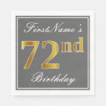 [ Thumbnail: Elegant Gray, Faux Gold 72nd Birthday; Custom Name Napkins ]