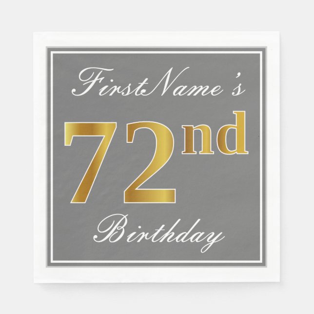 Elegant Gray, Faux Gold 72nd Birthday; Custom Name Paper Napkins (Front)