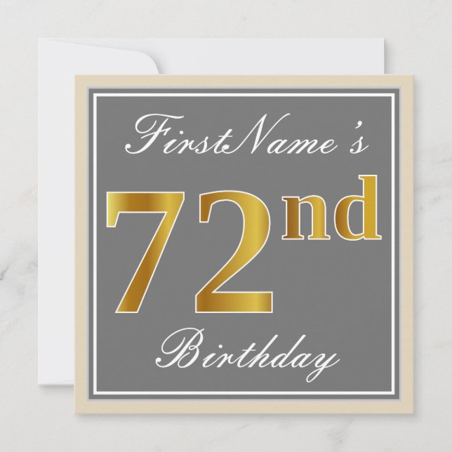 Elegant, Gray, Faux Gold 72nd Birthday + Name Invitation (Front)