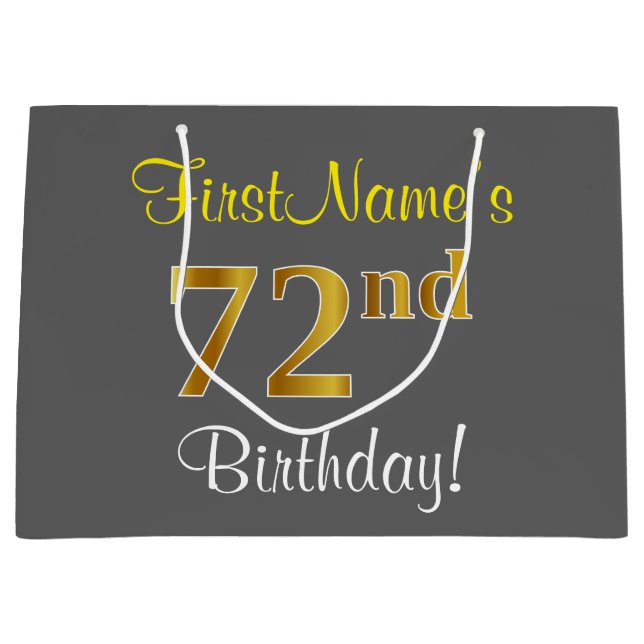 Elegant, Gray, Faux Gold 72nd Birthday + Name Large Gift Bag (Front)