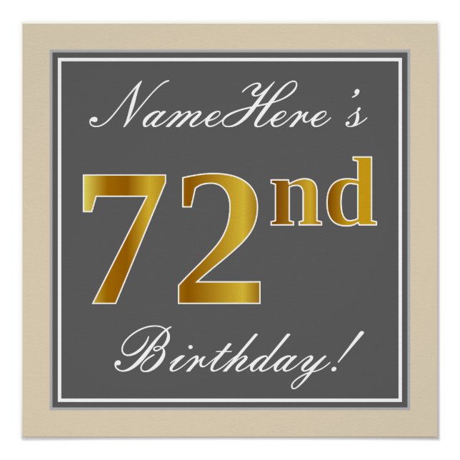 Elegant, Gray, Faux Gold 72nd Birthday + Name Poster (Front)