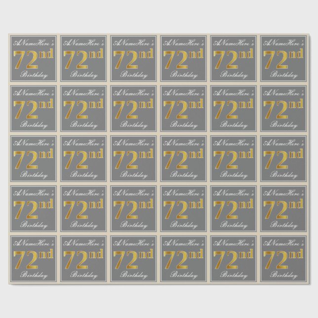Elegant, Gray, Faux Gold 72nd Birthday + Name Wrapping Paper (Flat)