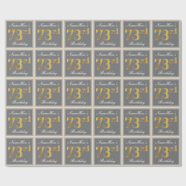 Elegant, Gray, Faux Gold 73rd Birthday + Name Wrapping Paper (Flat)