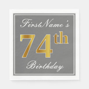 Elegant Gray, Faux Gold 74th Birthday; Custom Name Napkins