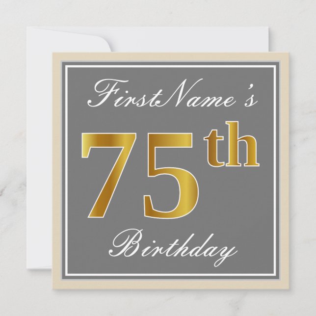 Elegant, Gray, Faux Gold 75th Birthday + Name Invitation (Front)