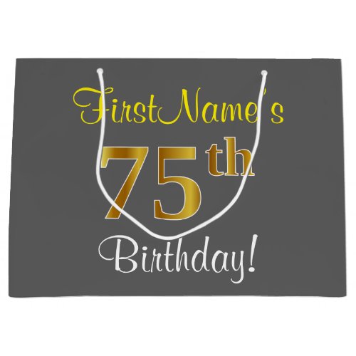 Elegant Gray Faux Gold 75th Birthday  Name Large Gift Bag