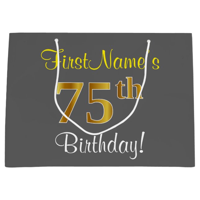 Elegant, Gray, Faux Gold 75th Birthday + Name Large Gift Bag (Front)