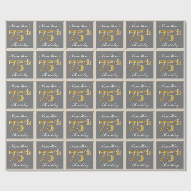 Elegant, Gray, Faux Gold 75th Birthday + Name Wrapping Paper (Flat)