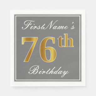 Elegant Gray, Faux Gold 76th Birthday; Custom Name Paper Napkins