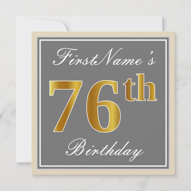 Elegant, Gray, Faux Gold 76th Birthday + Name Invitation (Front)