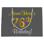 [ Thumbnail: Elegant, Gray, Faux Gold 76th Birthday + Name Gift Bag ]