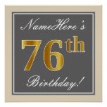 [ Thumbnail: Elegant, Gray, Faux Gold 76th Birthday + Name Poster ]