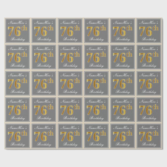 Elegant, Gray, Faux Gold 76th Birthday + Name Wrapping Paper (Flat)