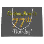 [ Thumbnail: Elegant, Gray, Faux Gold 77th Birthday + Name Gift Bag ]