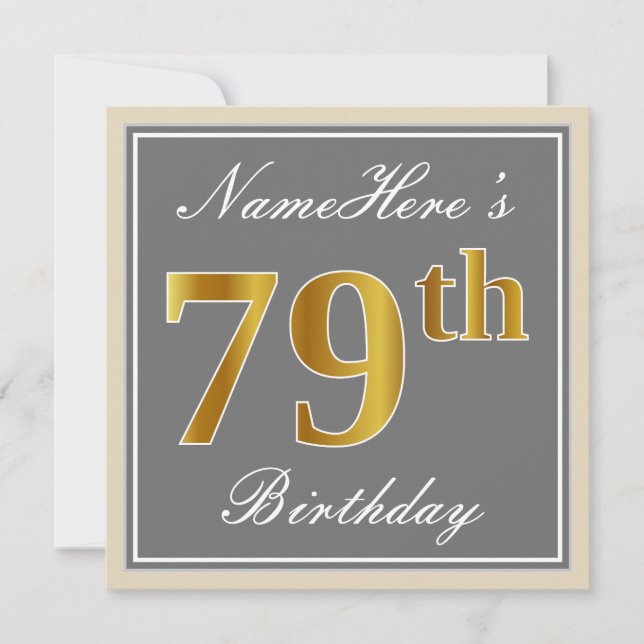 Elegant, Gray, Faux Gold 79th Birthday + Name Invitation (Front)
