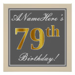 [ Thumbnail: Elegant, Gray, Faux Gold 79th Birthday + Name Poster ]