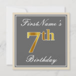 [ Thumbnail: Elegant, Gray, Faux Gold 7th Birthday; Custom Name Invitation ]