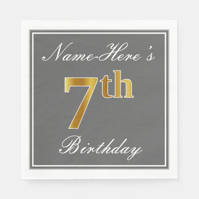 Elegant Gray, Faux Gold 7th Birthday + Custom Name Napkins (Front)