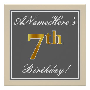 Elegant, Gray, Faux Gold 7th Birthday; Custom Name Poster