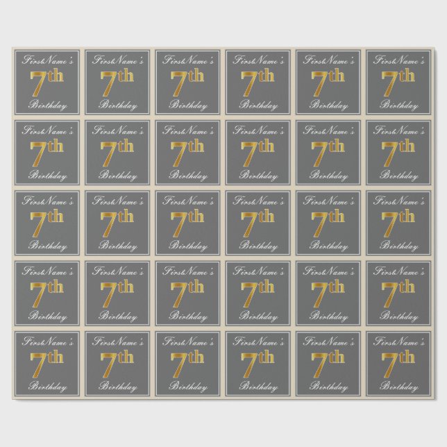 Elegant, Gray, Faux Gold 7th Birthday; Custom Name Wrapping Paper (Flat)