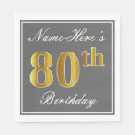 [ Thumbnail: Elegant Gray, Faux Gold 80th Birthday; Custom Name Napkins ]