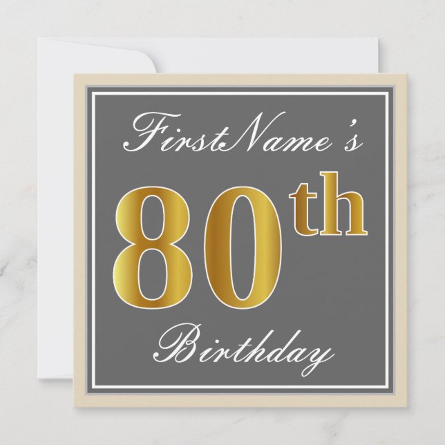Elegant, Gray, Faux Gold 80th Birthday + Name Invitation (Front)