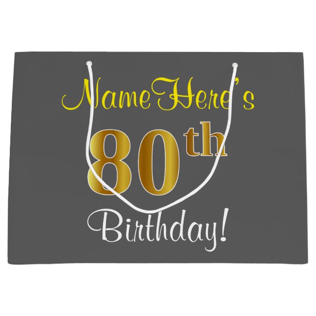 Elegant, Gray, Faux Gold 80th Birthday + Name Large Gift Bag (Front)