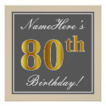 [ Thumbnail: Elegant, Gray, Faux Gold 80th Birthday + Name Poster ]