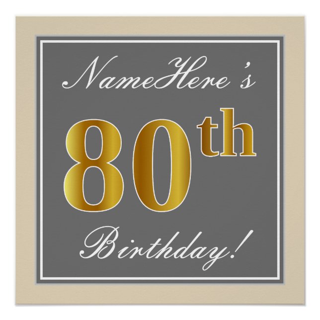 Elegant, Gray, Faux Gold 80th Birthday + Name Poster (Front)