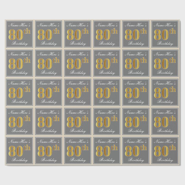 Elegant, Gray, Faux Gold 80th Birthday + Name Wrapping Paper (Flat)