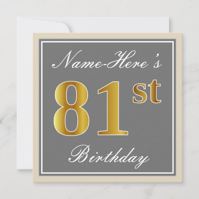 Elegant, Gray, Faux Gold 81st Birthday + Name Invitation (Front)