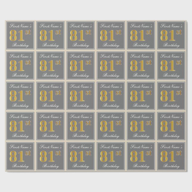 Elegant, Gray, Faux Gold 81st Birthday + Name Wrapping Paper (Flat)