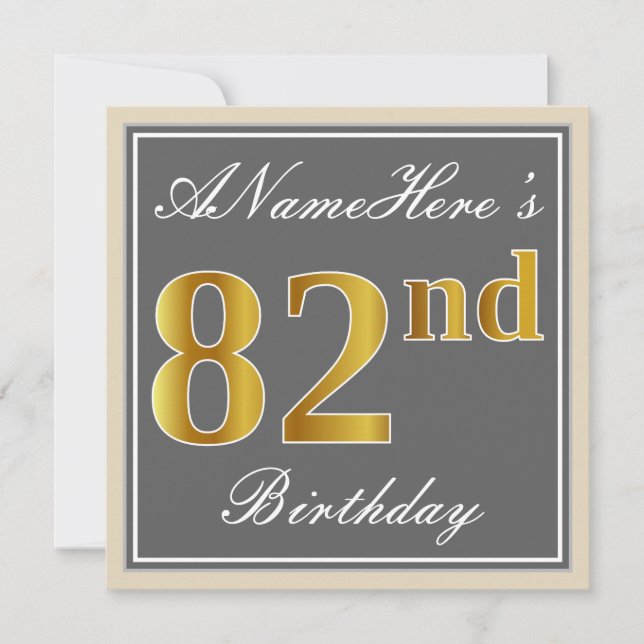 Elegant, Gray, Faux Gold 82nd Birthday + Name Invitation (Front)