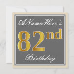 [ Thumbnail: Elegant, Gray, Faux Gold 82nd Birthday + Name Invitation ]