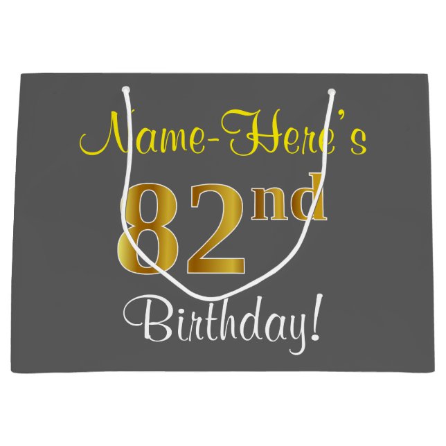 Elegant, Gray, Faux Gold 82nd Birthday + Name Large Gift Bag (Front)