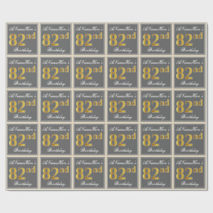 Elegant, Gray, Faux Gold 82nd Birthday + Name Wrapping Paper