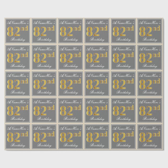 Elegant, Gray, Faux Gold 82nd Birthday + Name Wrapping Paper (Flat)