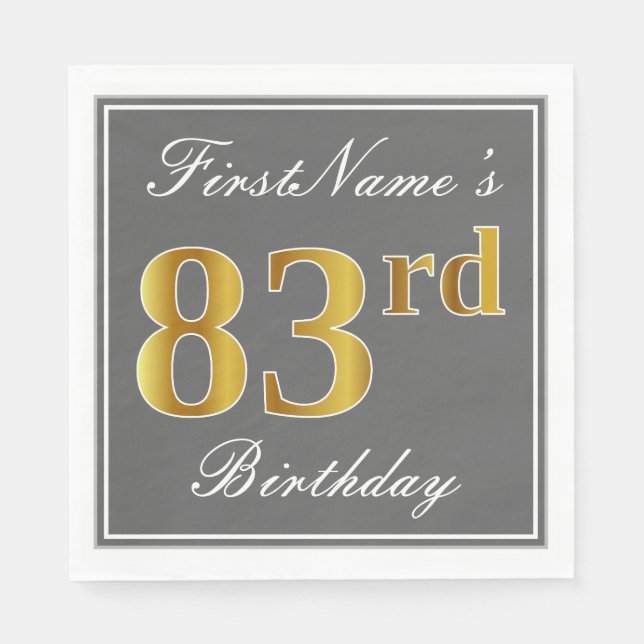 Elegant Gray, Faux Gold 83rd Birthday; Custom Name Paper Napkins (Front)
