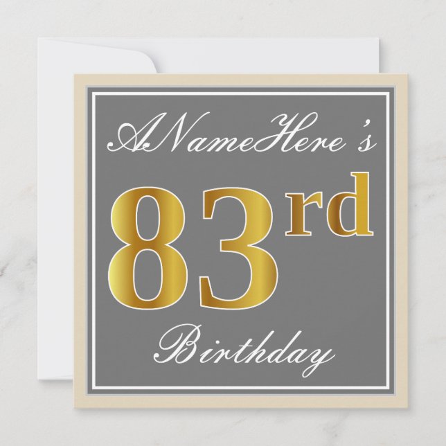 Elegant, Gray, Faux Gold 83rd Birthday + Name Invitation (Front)