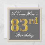 [ Thumbnail: Elegant, Gray, Faux Gold 83rd Birthday + Name Invitation ]