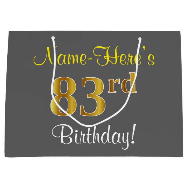 Elegant, Gray, Faux Gold 83rd Birthday + Name Large Gift Bag (Front)