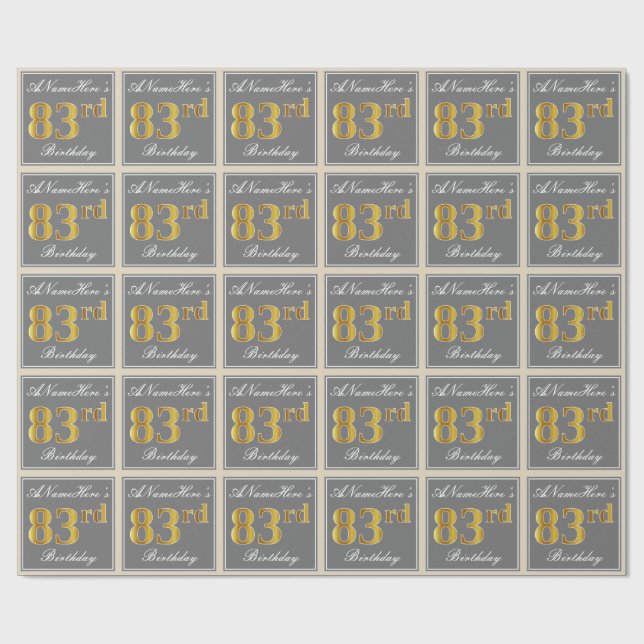 Elegant, Gray, Faux Gold 83rd Birthday + Name Wrapping Paper (Flat)