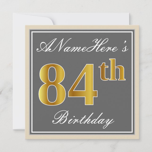 Elegant, Gray, Faux Gold 84th Birthday + Name Invitation (Front)