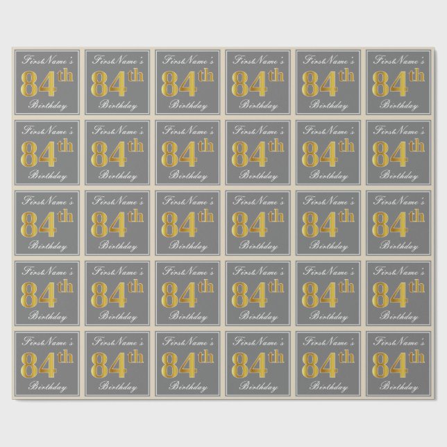Elegant, Gray, Faux Gold 84th Birthday + Name Wrapping Paper (Flat)