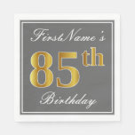 [ Thumbnail: Elegant Gray, Faux Gold 85th Birthday; Custom Name Napkins ]