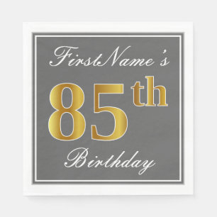 Elegant Gray, Faux Gold 85th Birthday; Custom Name Napkins