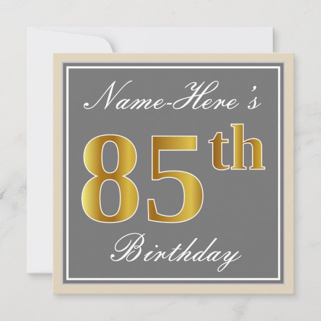 Elegant, Gray, Faux Gold 85th Birthday + Name Invitation (Front)