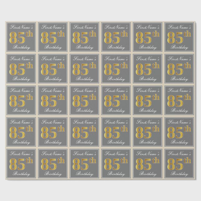 Elegant, Gray, Faux Gold 85th Birthday + Name Wrapping Paper (Flat)